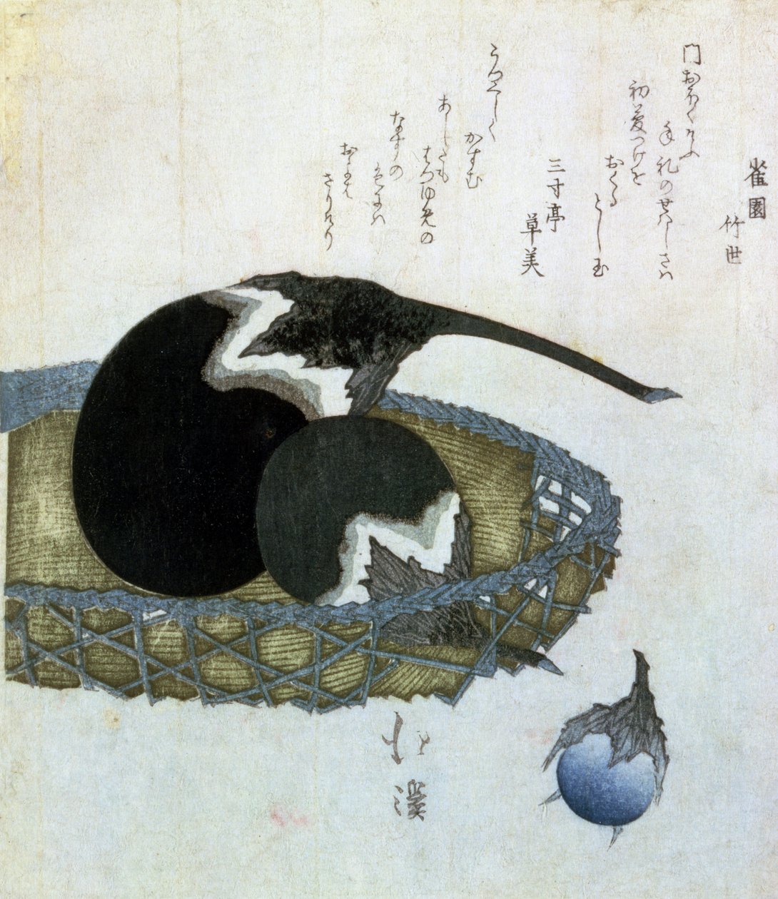 なすびの絵画 茄子のかご、和食（木版画）